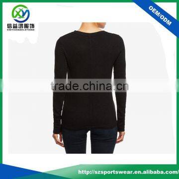 Popular V Neck 100% Cotton Fabric Women Long Sleeve Black t Shirt photo-2