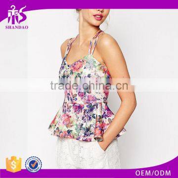 2016 Guangzhou Shandao OEM Women New Summer Sexy Spaghetti Strap Cross Back Slim Fit Cotton Flower Print Ladies Tops