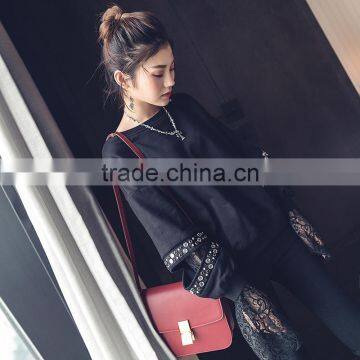 B22679A Korea Women Lace Stitching Nail Bead Blouse Hoodies photo-2