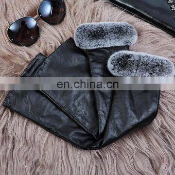 Long pattern real leather sleeve gloves with genuine rex rabbit fur