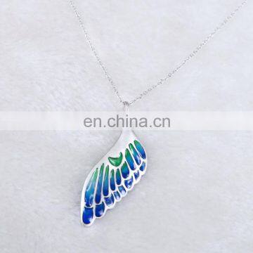 Latest Design Enamel Gradients Feather Matte Pendant Sterling Silver Necklace