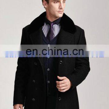 Europe fashion style real fur collar black wool men's jacket
