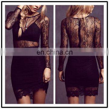 Fashion ladies Black Lace party dress Long sleeve Transparent Sexy bodycon dress