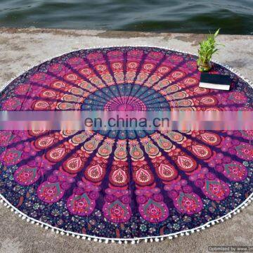 Bohemian Hippie Indian Mandala 72" Roundie Tapestries With Pom-Pom Lace Round Table Cover Beach Throw Wall Hanging Yoga Mat