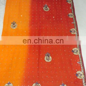 Ethnic Handmade Havey Shaded Stone Work Orange Georgette Saree Sari