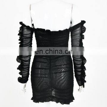 Hot Sale Fashion New Mesh Deep V Hollow-out Lace-up Yarn Flounced Long Sleeve Dress photo-5