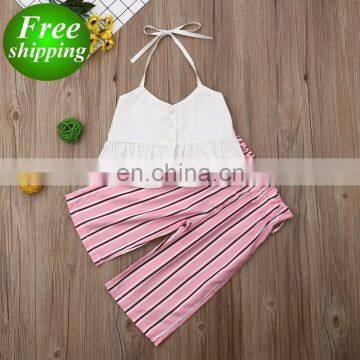 free ship 1-6Y Summer Infant Baby Girls Clothes Sets White Sleeveless Vest Tops + Striped Wide Leg Pants 2pcs set