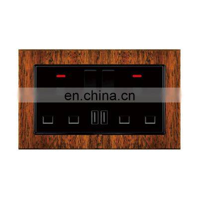 UK Standard Double 3 pin Wall Socket With Switch Thick Solid Wood Panel With USB Socket And Switches Electrical With LED Light