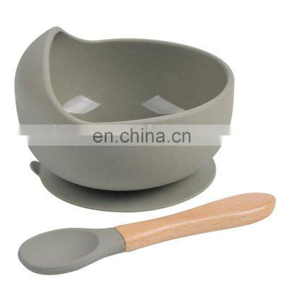 Baby Bowl Spoon Silicone Tableware Children's Wooden Handle Silicone Spoon Children's Suction Cup Baby Silicone Bowl