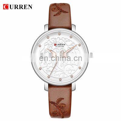 CURREN 9046 Women Simple Flower Pattern Elegant Watches Ultra Thin Dial Quartz Leather Fashion Wristwatch