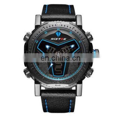 RISTOS Watch Genuine Leather LED Digital & Analog Watches Men Multifunction LCD Display Watch RISTOS 9341