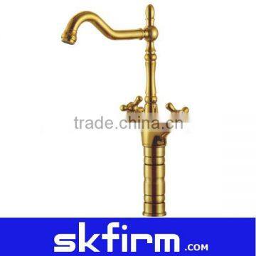 Golden Brass Durable Long Neck Bathroom Faucet Tap Mixer