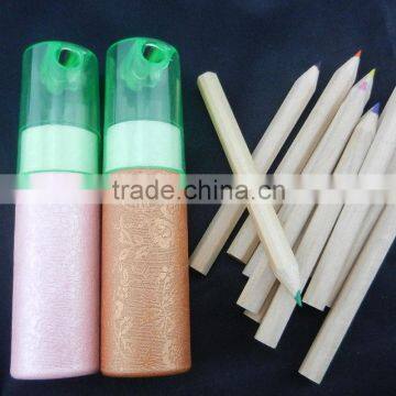 3.5" natural wood color pencil in a tube with colorful sharpener cover