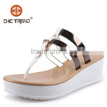 2015 Lady Metallic thong Stripe PVC Jelly Flip Flops Slippers women beautiful Wedge Sandals shoes With Buckle