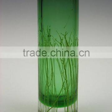 Green solid color popular model leadfree crystal high quality line design straight cylinder glass vase