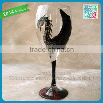 Striking handpainted black dragon wine glass finished in gold outliner decorate red wine glass