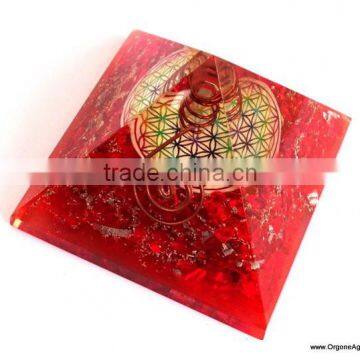 Reiki Pyramid | Big Orgone Energy Red Pyramid With Flower Of Life Symbol And Crystal Point | Chakra Products