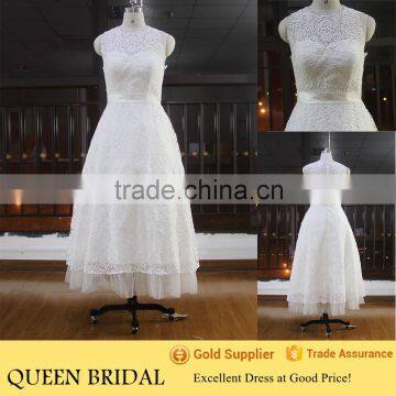 Newest Design Round Neck Sleeveless Appliqued Full Lace Ankle Length Suzhou Wedding Dress