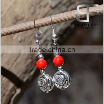 Retro Brass Flower Red Beads Drop Earrings for Women