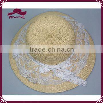 Ladies natural summer hat straw floppy hat with lace