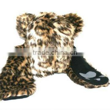 Leopard Faux Fake Animal Fur Trapper Hat with Mitten Glove Pockets and Paw Print