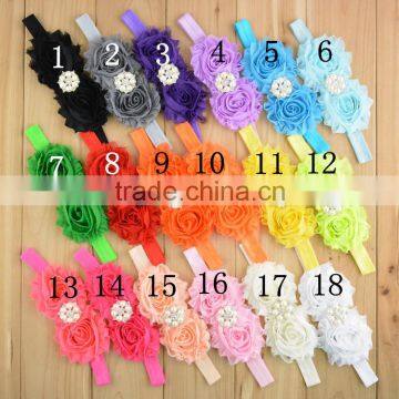 Fashion elastic grosgrain ribbon Baby Hair bands with pearls rhinestone, pearls and diamond ribbon band with Chiffon flower