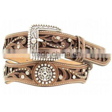 Western Womens Leather Scroll Belt Inlay Crystals Scalloped Strap