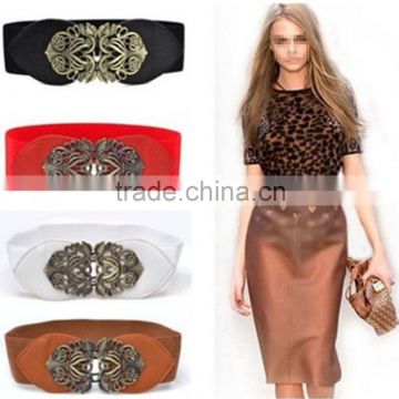 Women Retro Adjustable Flower Elastic Stretch Buckle Wide Waistband Belt