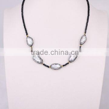 Strands Pave Setting Crystal Freshwater Pearl Gem Necklace, Black Crystal Glass Beaded Necklace