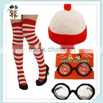 The Amazing Red and White Striped Style Wheres Costume Wally Socks with Hat and Round Glasses