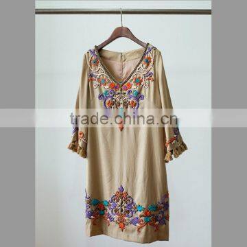 Handmade rope embroidered national style dress with V-shape neckline