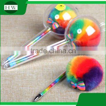 Funny School Office Stationery Mini Plastic Rainbow Hair Ball Roller Ball Point Pen photo-2