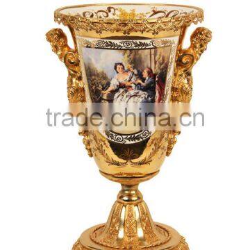 European Character Design Decorative Porcelain Flower Vase With Bronze Side Handles, Enamel Ceramic and Brass Golden Vase photo-2