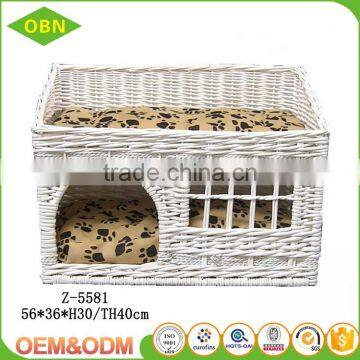 Customized white natural wicker pet basket with cushion