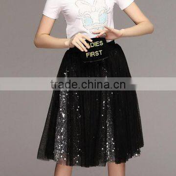 Ladies new fashion high waist black sequin puffy A line midi tutu skirt