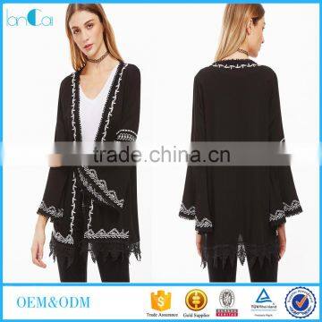 Black embroidered kimono long sleeve ladies summer new fashion kimono with lace fringe