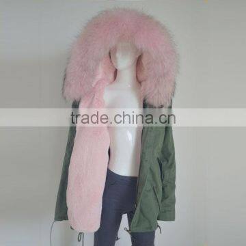 Myfur Army Green Cotton Parka with Pure White Fake Rabbit Fur Lining