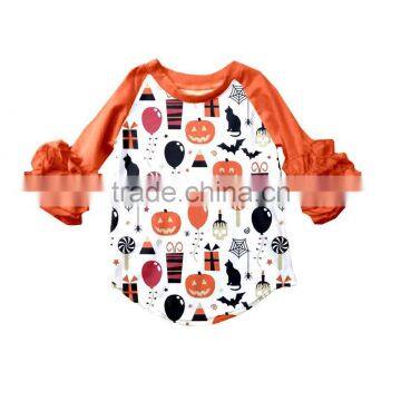 Wholesale raglan 3/4 sleeve t shirt halloween pumpkin printing icing raglan kids shirt with ruffle sleeve