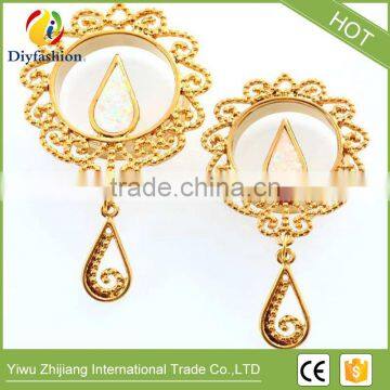 Gold Copper Opal Hollowed-out Flower Long Ear Plug