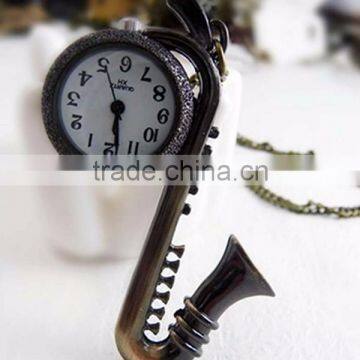 Retro Design Saxophone Shape Open Faced Pocket Watch Pendant Necklace