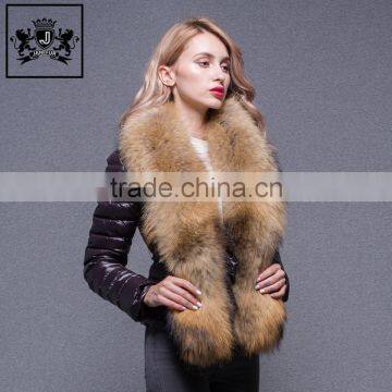 Custom lightweight zip up plain black winter folding down jacket with fur for women