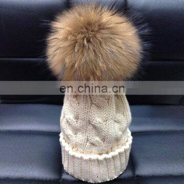 Thick warm winter girl lady fancy knitting hats with large fur poms