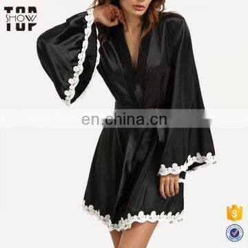 Fashion new ladies sexy night wear crochet trimmed self tie kimono robe women