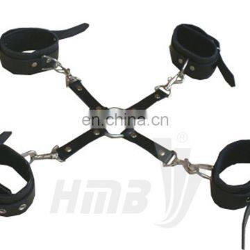 HMB-404D LEATHER WRIST ANKLE CUFFS 5PCS SET BONDAGE BLACK