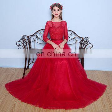 High Quality Exquisite Red Scoop 3/4 Sleeve A Line Floor Length Appliqued Tulle Bow Evening Dress