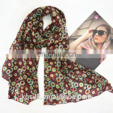 Hotselling two-color low MOQ silk habotai long scarves with floral pattern