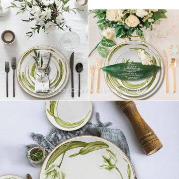 Dinnerware Green Flora Dinner Set Ceramic Plates 10.5 Dinner Plates for Catering photo-2