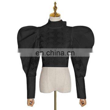 TWOTWINSTYLE Turtleneck Puff Long Sleeve Lace Up Hollow Out Casual Women's Blouse Tops