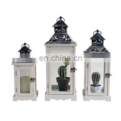 Summer Antique Grey Metal Wood Candle Lantern White Vintage Lantern With Free Sample