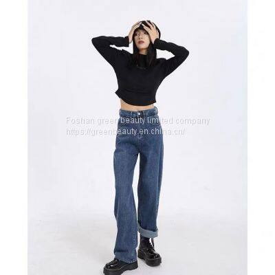 Blue Straight Jeans Women's spring and autumn high waist loose mop dad wide leg pants fashion design